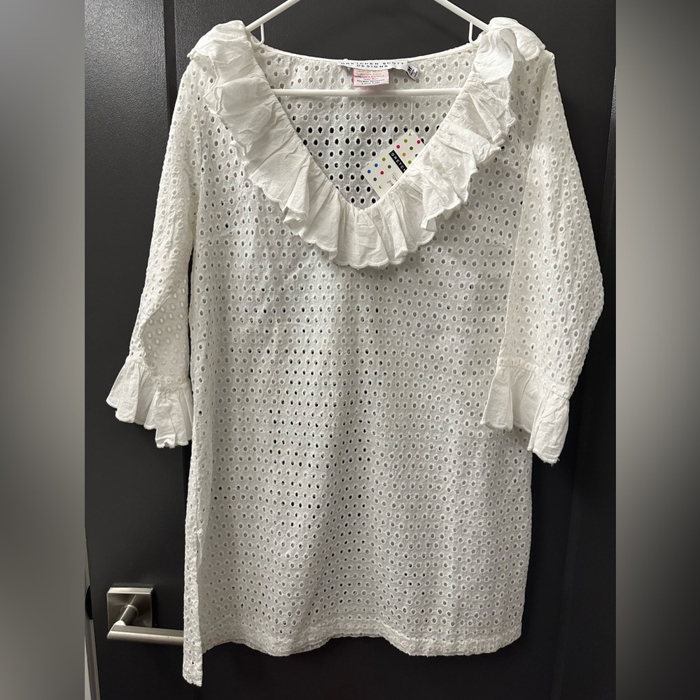 Gretchen Scott Eyelet Ruffle Neck White Dress